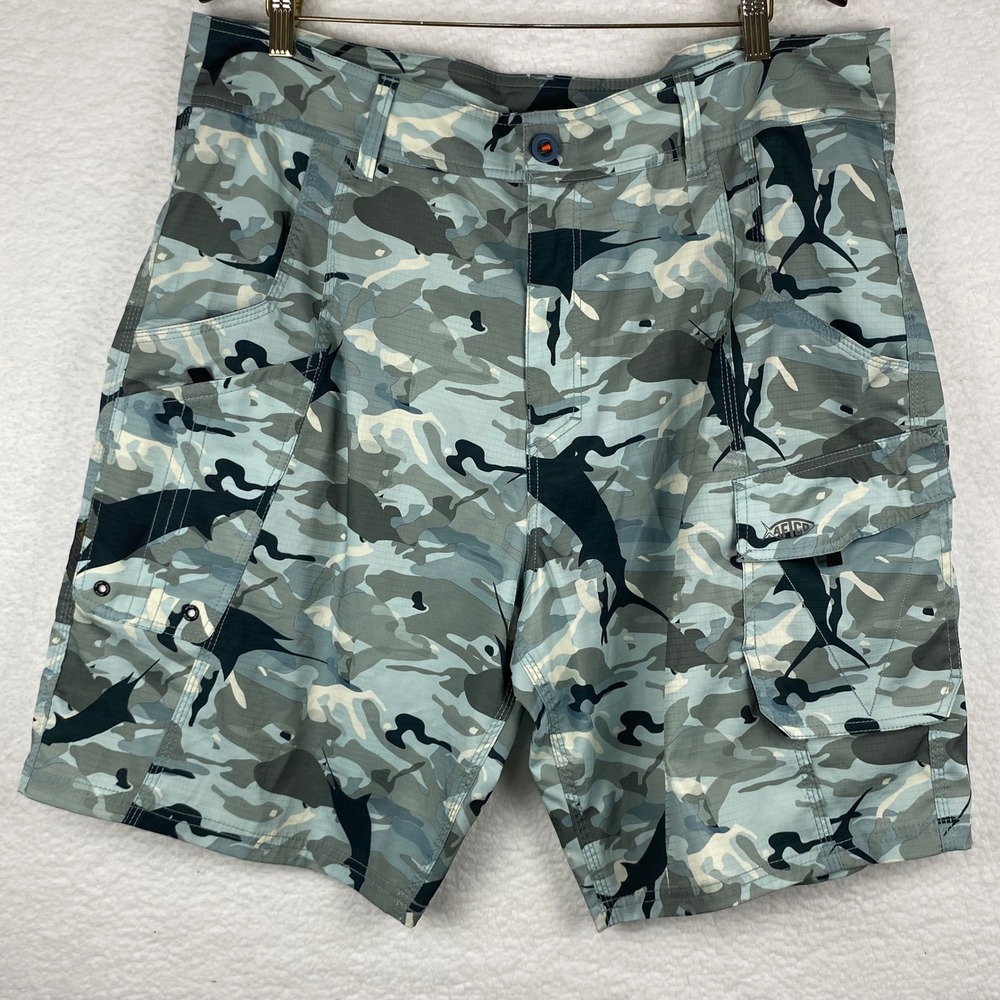 AFTCO Mens Blue Marlin Camo Ripstop Cargo Fishing Shorts Size 38 Blue Grey